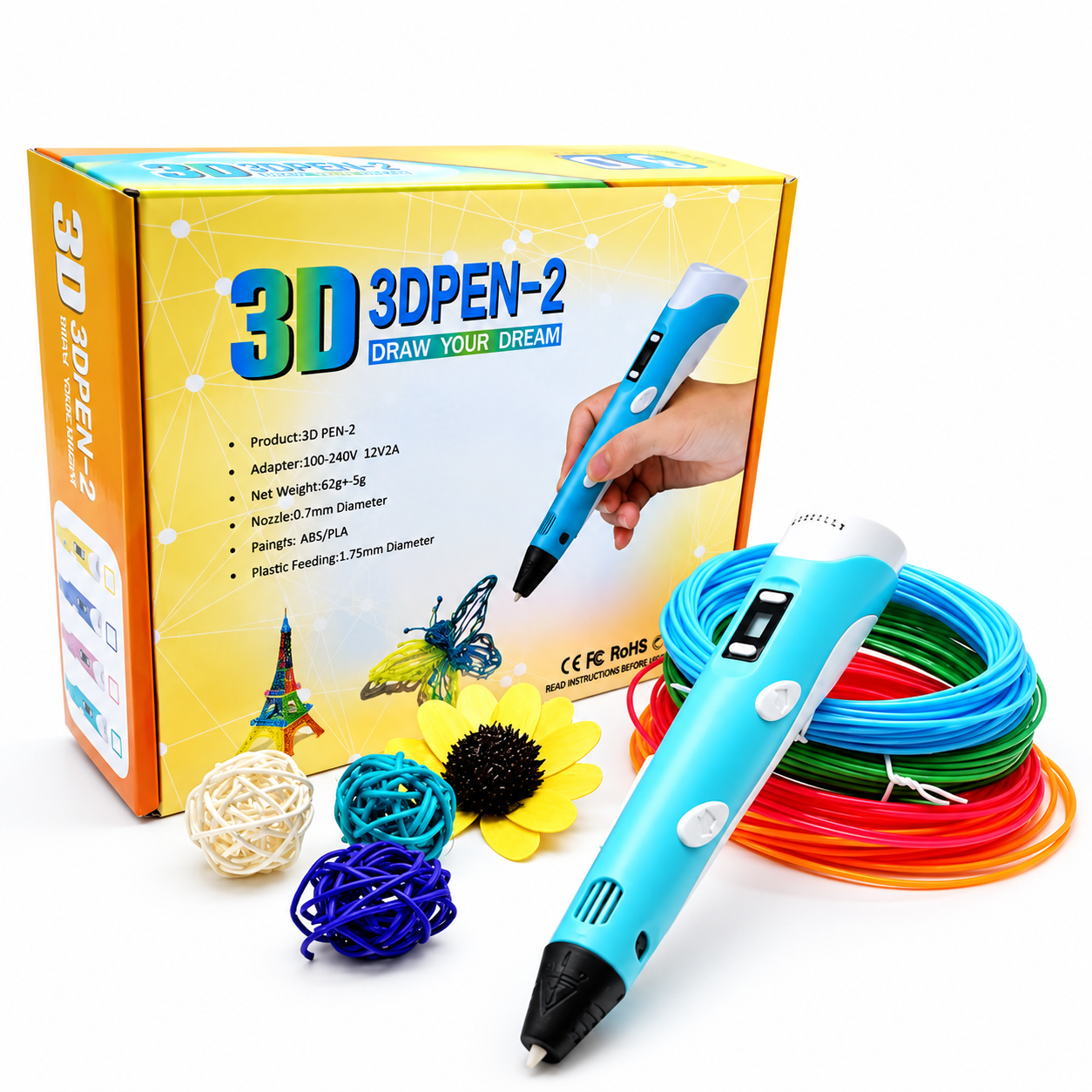 قلم طراحی سه بعدی 3D PEN-2 اورجینال | نمایشگر دار با تنظیم سرعت و فیلامنت PLA و